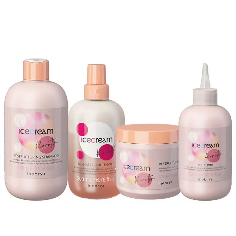 INEBRYA Kit Ice Cream Keratin Shampo 300ml + Conditoner 200ml + Mask 500ml + Oil Elixir 200ml